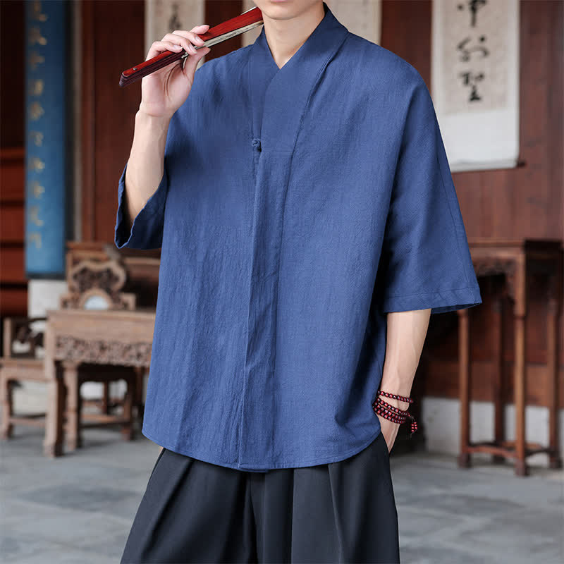 Buddha Stones Camisas de manga tres cuartos para hombre, estilo Tang minimalista, color liso, de la colección Primavera-Verano. - image 1