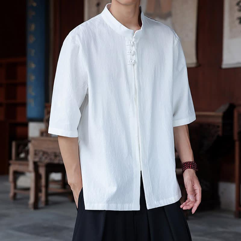 Buddha Stones Camisas de manga hasta el codo para hombre, estilo Tang, informales, con botones de rana, de algodón y lino, para primavera y verano. - image 19