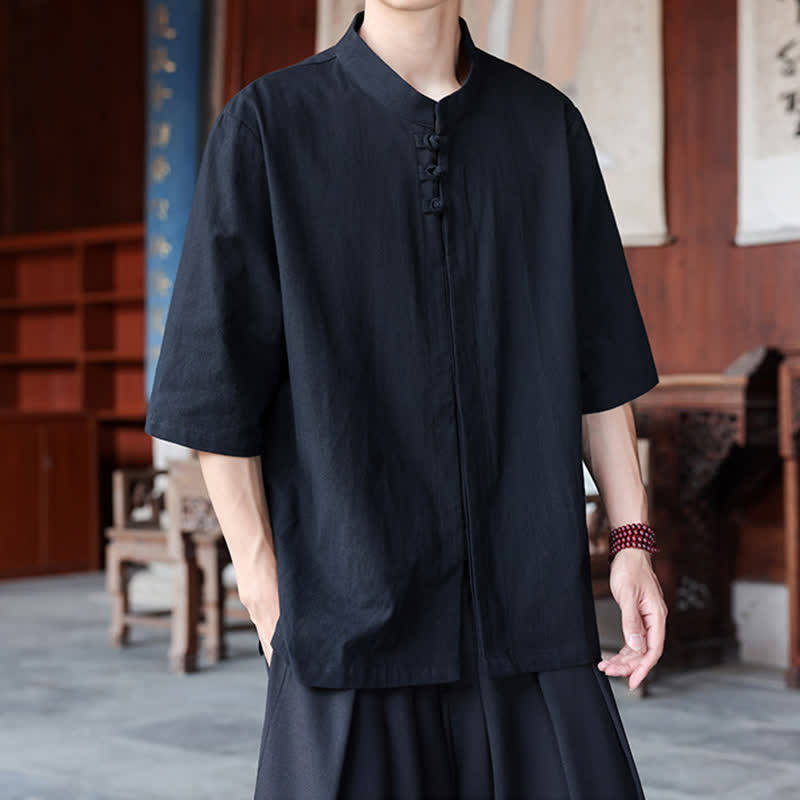 Buddha Stones Camisas de manga hasta el codo para hombre, estilo Tang, informales, con botones de rana, de algodón y lino, para primavera y verano. - image 10