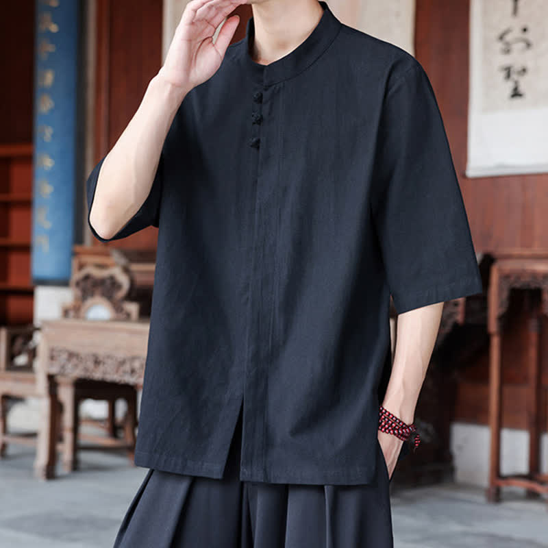Buddha Stones Camisas de manga hasta el codo para hombre, estilo Tang, informales, con botones de rana, de algodón y lino, para primavera y verano. - image 14