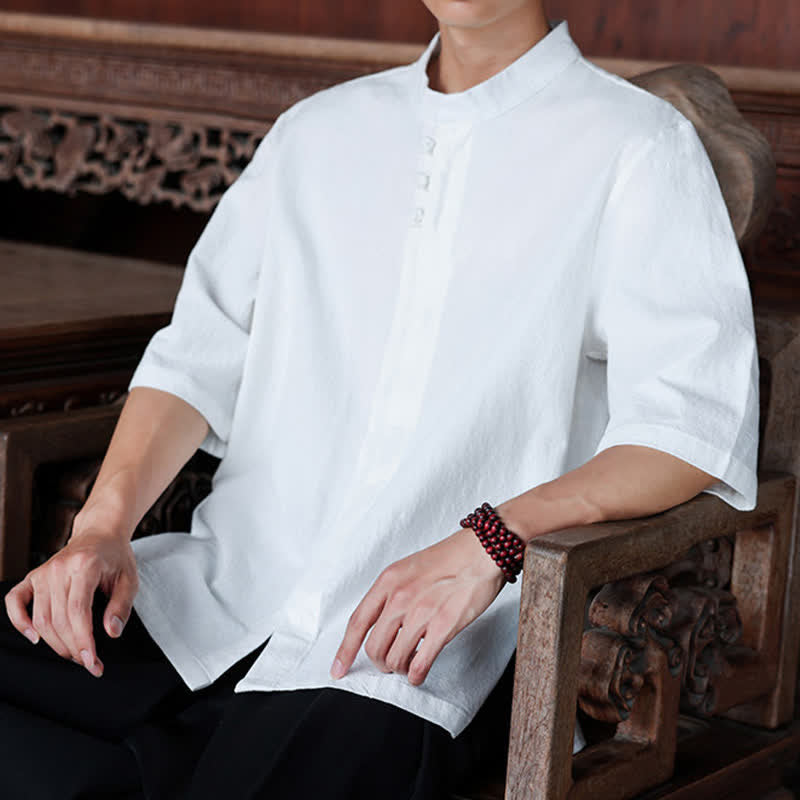 Buddha Stones Camisas de manga hasta el codo para hombre, estilo Tang, informales, con botones de rana, de algodón y lino, para primavera y verano. - image 25