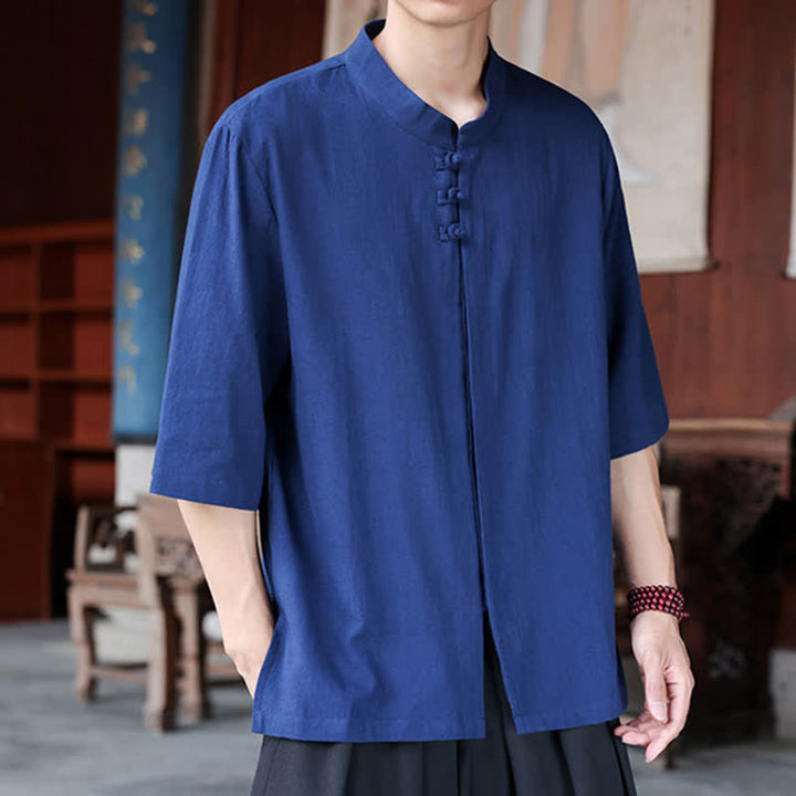 Buddha Stones Camisas de manga hasta el codo para hombre, estilo Tang, informales, con botones de rana, de algodón y lino, para primavera y verano. - image 1