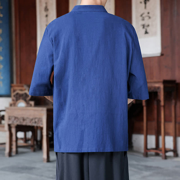 Buddha Stones Camisas de manga hasta el codo para hombre, estilo Tang, informales, con botones de rana, de algodón y lino, para primavera y verano. - image 3