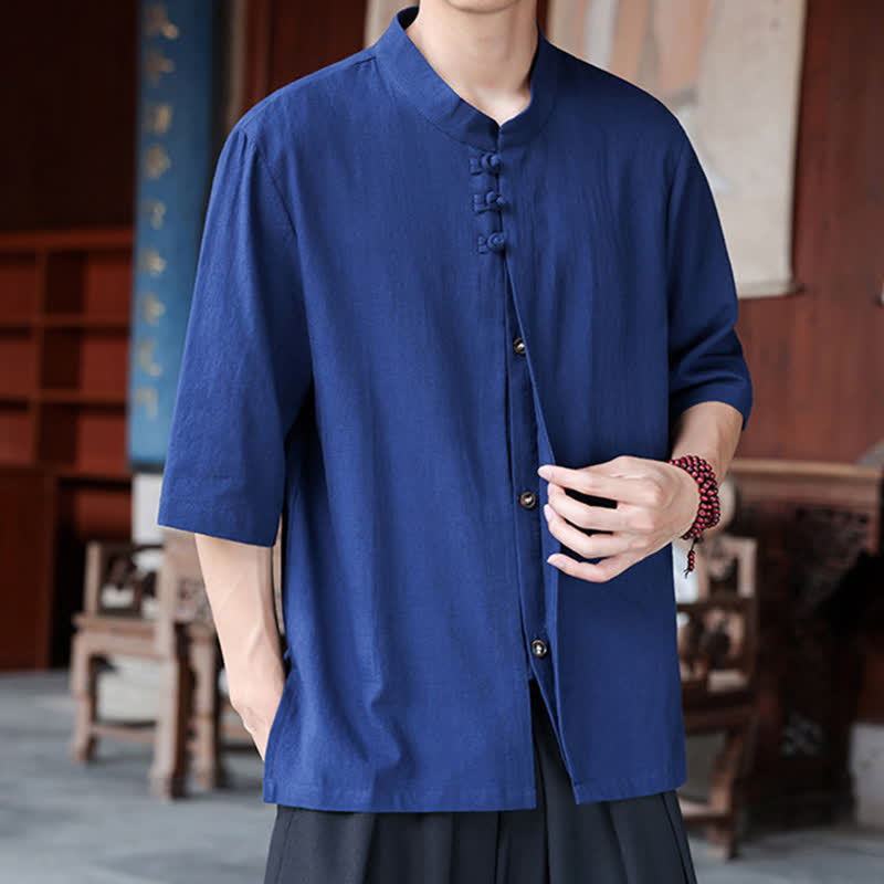 Buddha Stones Camisas de manga hasta el codo para hombre, estilo Tang, informales, con botones de rana, de algodón y lino, para primavera y verano. - image 4
