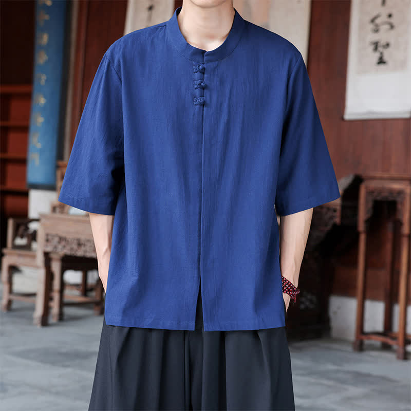 Buddha Stones Camisas de manga hasta el codo para hombre, estilo Tang, informales, con botones de rana, de algodón y lino, para primavera y verano. - Azul real - US/UK/AU46, EU56 (5XL) - image 0