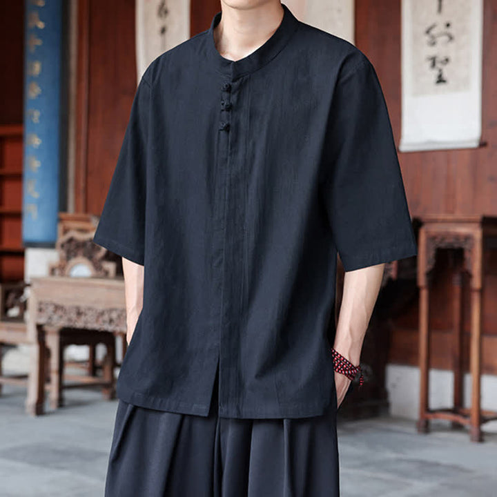 Buddha Stones Camisas de manga hasta el codo para hombre, estilo Tang, informales, con botones de rana, de algodón y lino, para primavera y verano. - image 15
