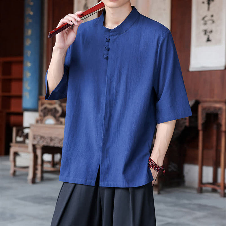 Buddha Stones Camisas de manga hasta el codo para hombre, estilo Tang, informales, con botones de rana, de algodón y lino, para primavera y verano. - image 5