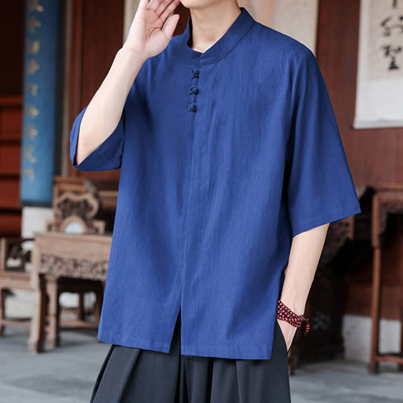 Buddha Stones Camisas de manga hasta el codo para hombre, estilo Tang, informales, con botones de rana, de algodón y lino, para primavera y verano. - image 6