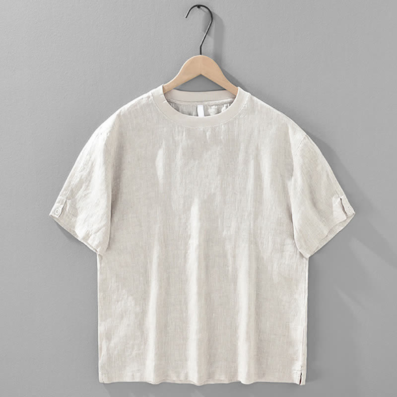 Buddha Stones Camisetas de manga corta para hombre, estilo casual de verano, minimalistas, de lino liso con cuello redondo. - image 1