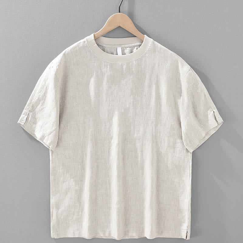Buddha Stones Camisetas de manga corta para hombre, estilo casual de verano, minimalistas, de lino liso con cuello redondo. - Lino - US/UK/AU42, EU52 (3XL) - image 0