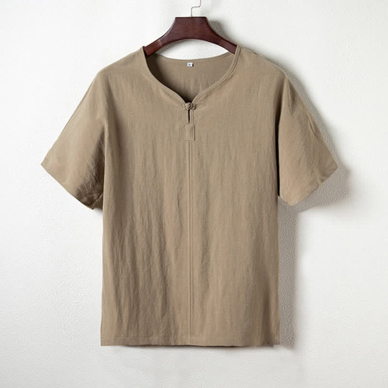 Buddha Stones Camisas de manga corta para hombre, estilo Tang, informales de verano, con cuello en V y color liso. - image 1