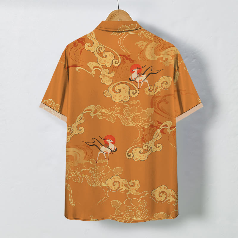 Buddha Stones Camisa transpirable de manga corta para hombre con botones y estampado de grulla celestial y nubes auspiciosas - image 1
