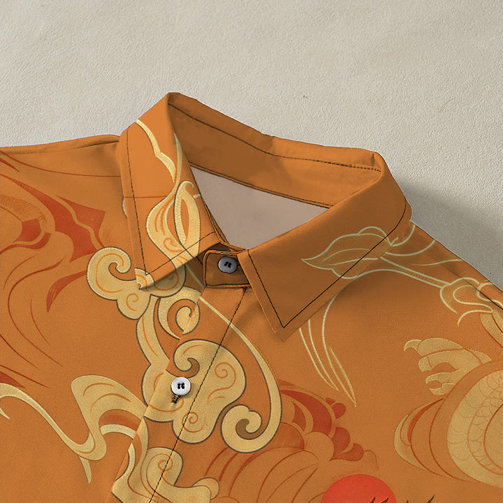 Buddha Stones Camisa transpirable de manga corta para hombre con botones y estampado de grulla celestial y nubes auspiciosas - image 2