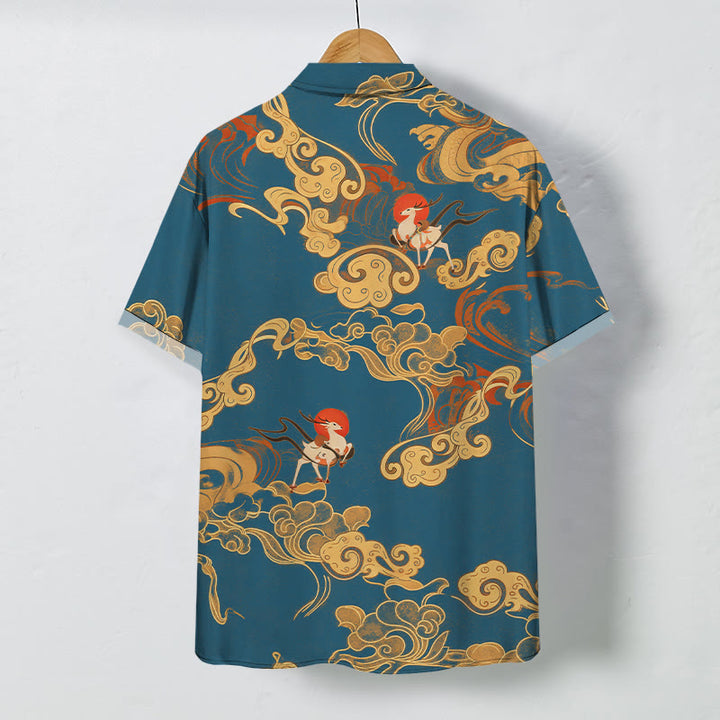 Buddha Stones Camisa transpirable de manga corta para hombre con botones y estampado de grulla celestial y nubes auspiciosas - image 8