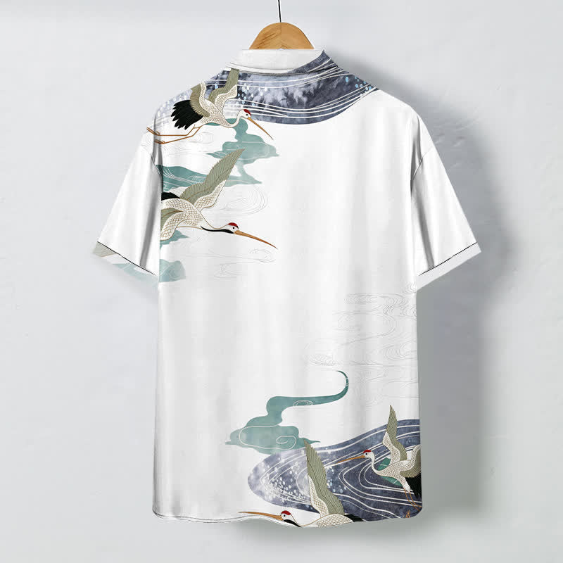 Buddha Stones Camisa transpirable de manga corta para hombre con botones y estampado de nubes y olas de grulla - image 1