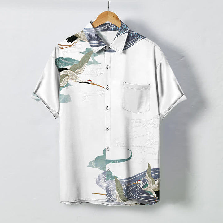 Buddha Stones Camisa transpirable de manga corta para hombre con botones y estampado de nubes y olas de grulla - Blanco - US/UK/AU48, UE58 (4XL) - image 0