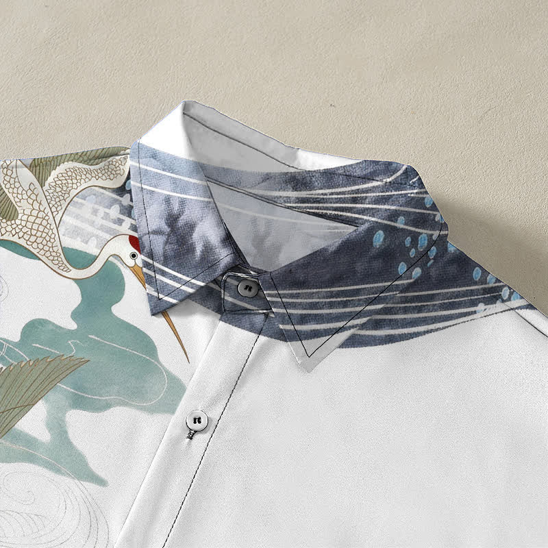 Buddha Stones Camisa transpirable de manga corta para hombre con botones y estampado de nubes y olas de grulla - image 2