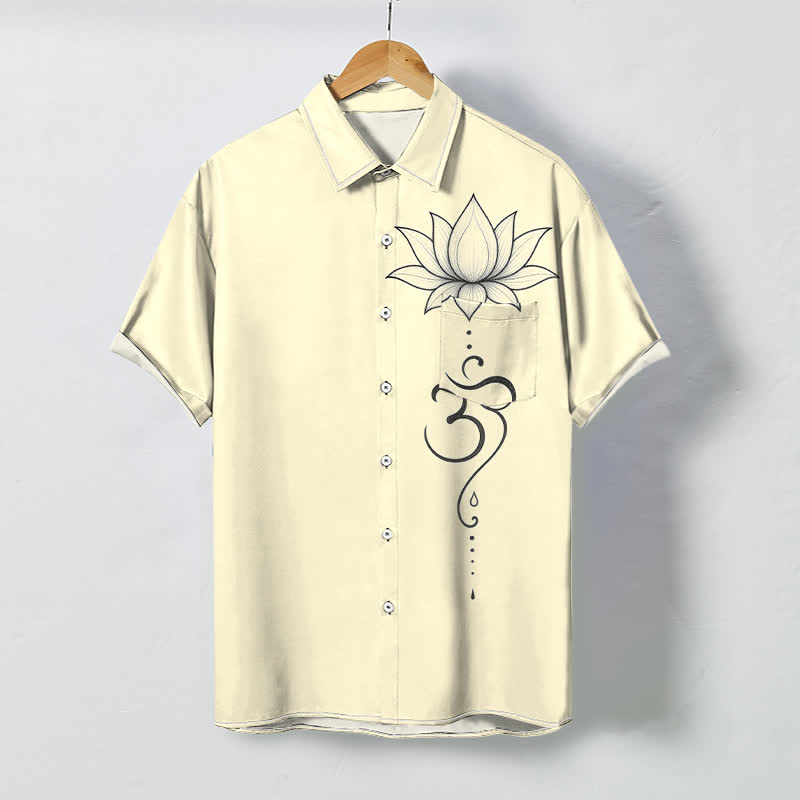 Buddha Stones Camisa transpirable de manga corta para hombre con botones y estampado de arte lineal Lotus Om - Beige - US/UK/AU48, UE58 (4XL) - image 5