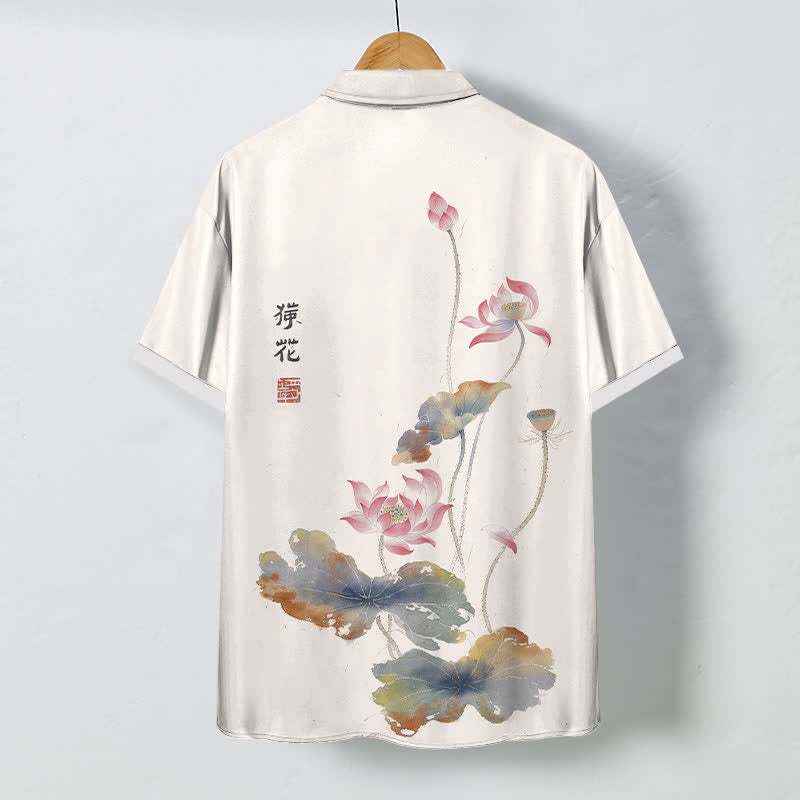 Buddha Stones Camisa transpirable de manga corta para hombre con botones y estampado de caligrafía Ink Lotus - image 1