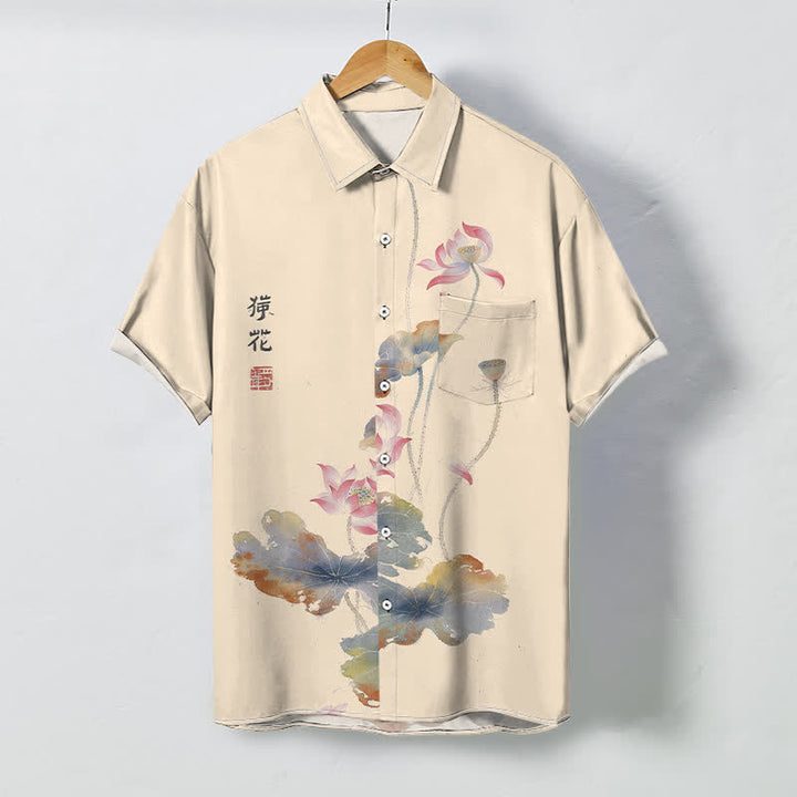 Buddha Stones Camisa transpirable de manga corta para hombre con botones y estampado de caligrafía Ink Lotus - Blanco antiguo - US/UK/AU48, UE58 (4XL) - image 3