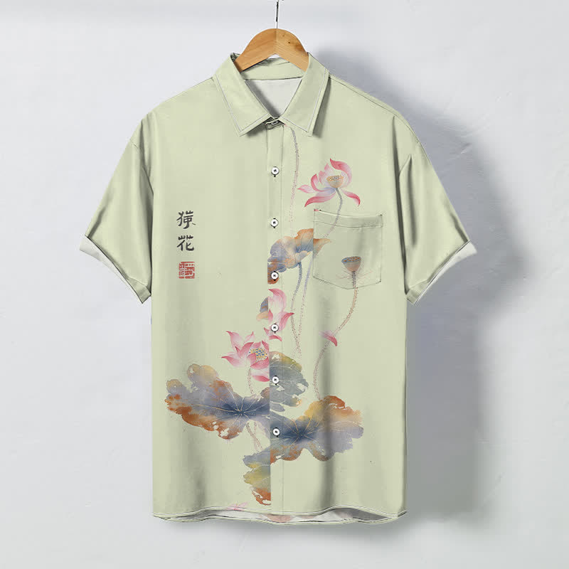 Buddha Stones Camisa transpirable de manga corta para hombre con botones y estampado de caligrafía Ink Lotus - Verde amarillento - US/UK/AU48, UE58 (4XL) - image 5
