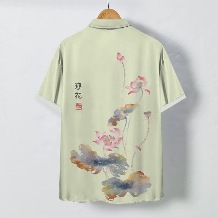Buddha Stones Camisa transpirable de manga corta para hombre con botones y estampado de caligrafía Ink Lotus - image 6