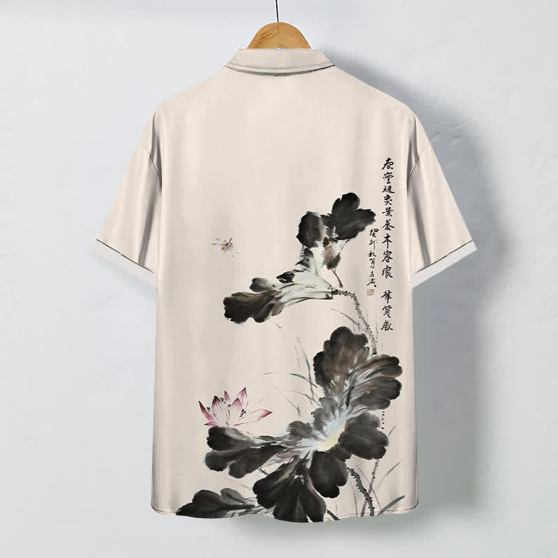 Buddha Stones Camisa transpirable de manga corta para hombre con botones y estampado de caligrafía floral en tinta - image 1