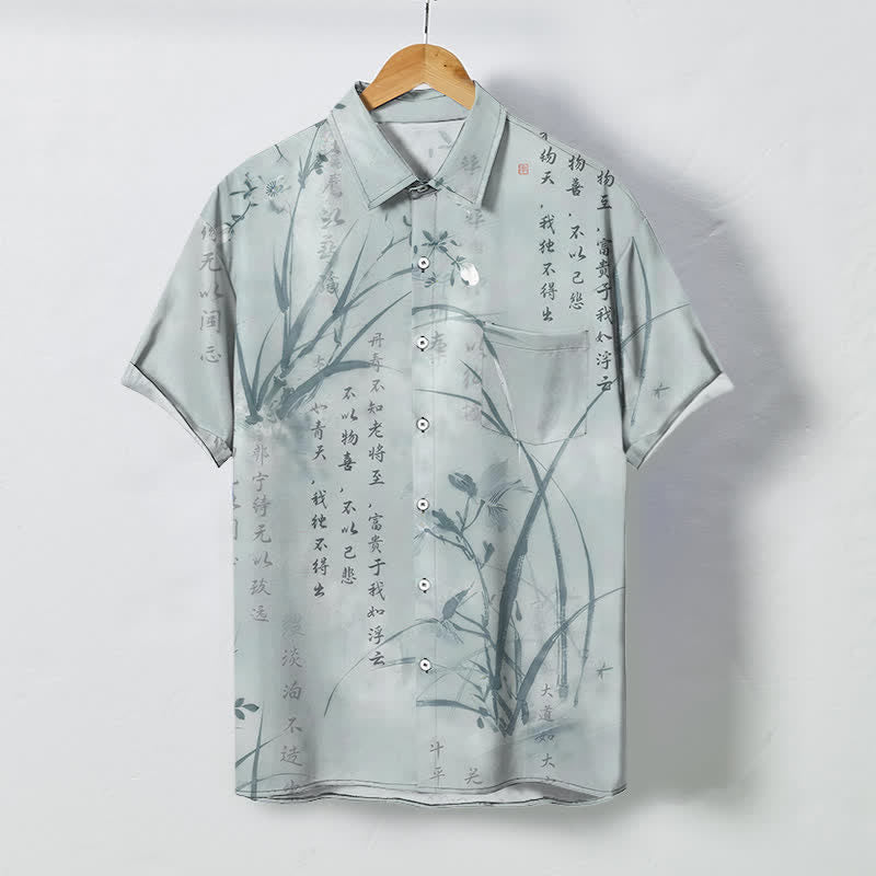 Buddha Stones Camisa transpirable de manga corta para hombre con botones y estampado de caligrafía Ink Bamboo. - Azul acero claro - US/UK/AU48, UE58 (4XL) - image 0
