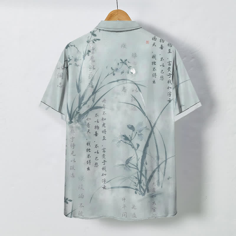 Buddha Stones Camisa transpirable de manga corta para hombre con botones y estampado de caligrafía Ink Bamboo. - image 1
