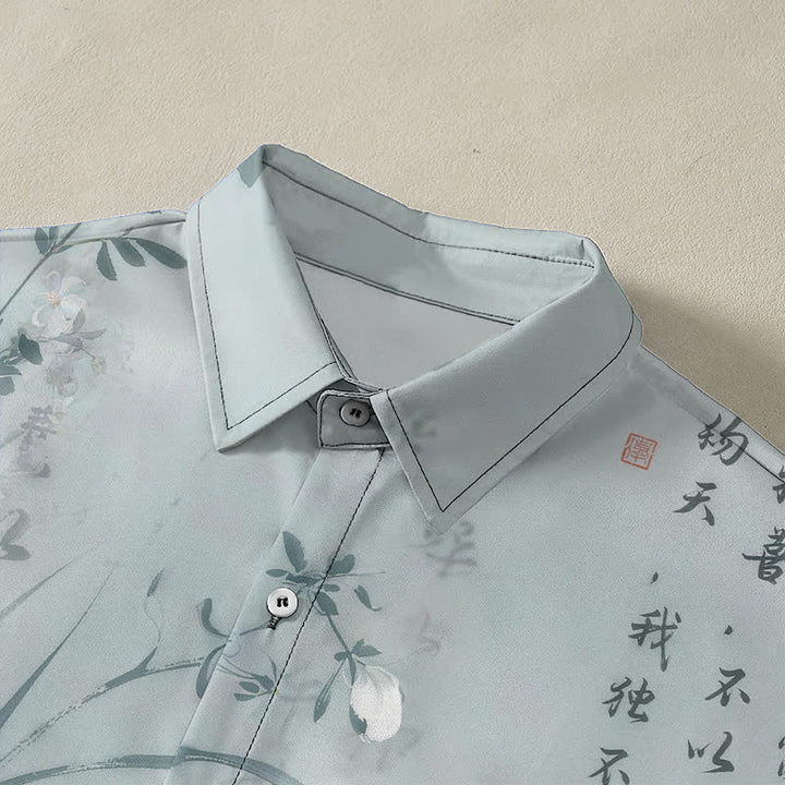 Buddha Stones Camisa transpirable de manga corta para hombre con botones y estampado de caligrafía Ink Bamboo. - image 2