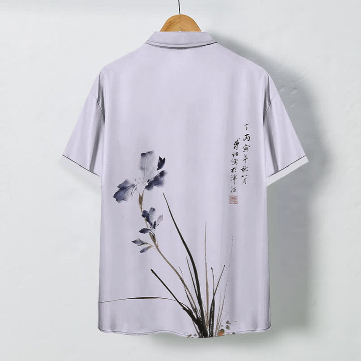 Buddha Stones Camisa transpirable de manga corta para hombre con botones y estampado de sellos con caligrafía floral en tinta - image 1