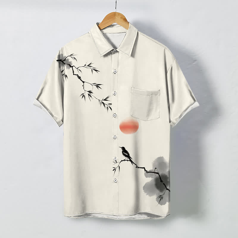 Buddha Stones Camisa transpirable de manga corta para hombre con estampado de pájaros de bambú y sol. - Marfil - US/UK/AU48, UE58 (4XL) - image 0