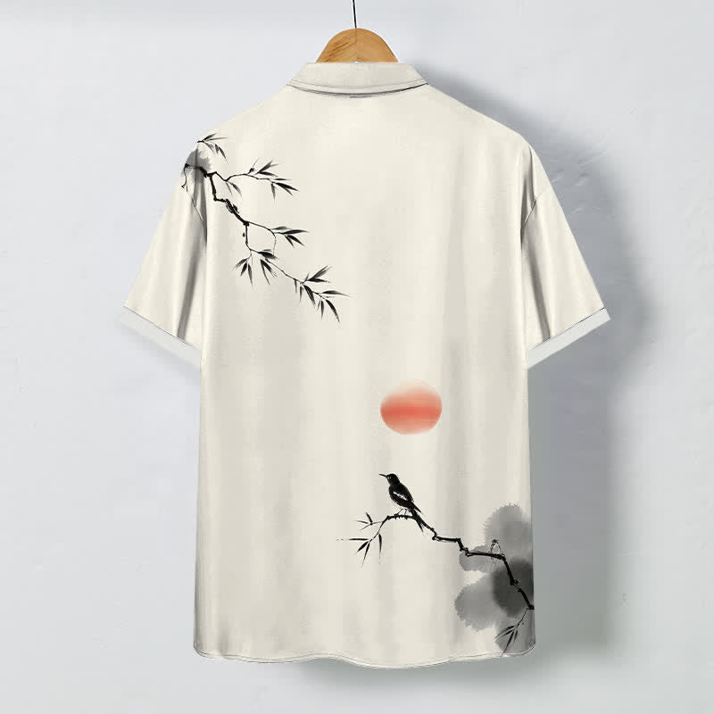 Buddha Stones Camisa transpirable de manga corta para hombre con estampado de pájaros de bambú y sol. - image 1