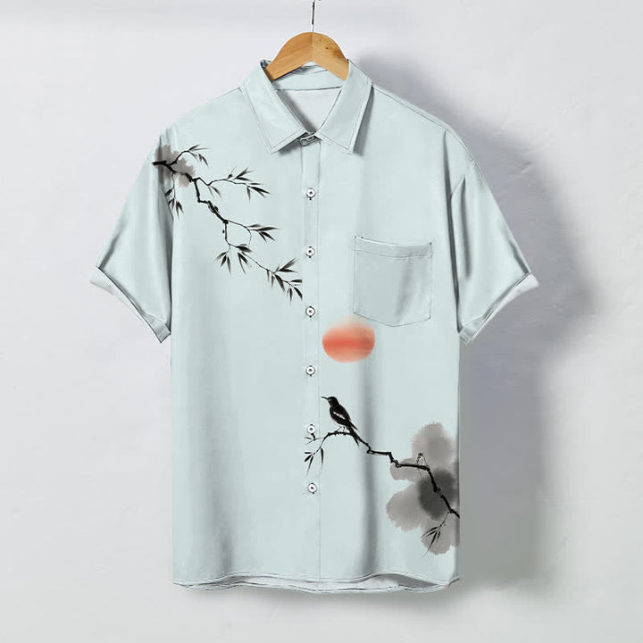 Buddha Stones Camisa transpirable de manga corta para hombre con estampado de pájaros de bambú y sol. - Cian claro - US/UK/AU48, UE58 (4XL) - image 5