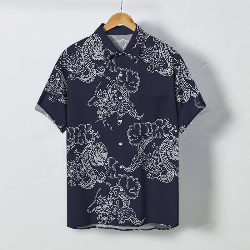 Buddha Stones Camisa de manga corta transpirable para hombre con botones y estampado floral vintage - Azul medianoche - US/UK/AU48, UE58 (4XL) - image 0