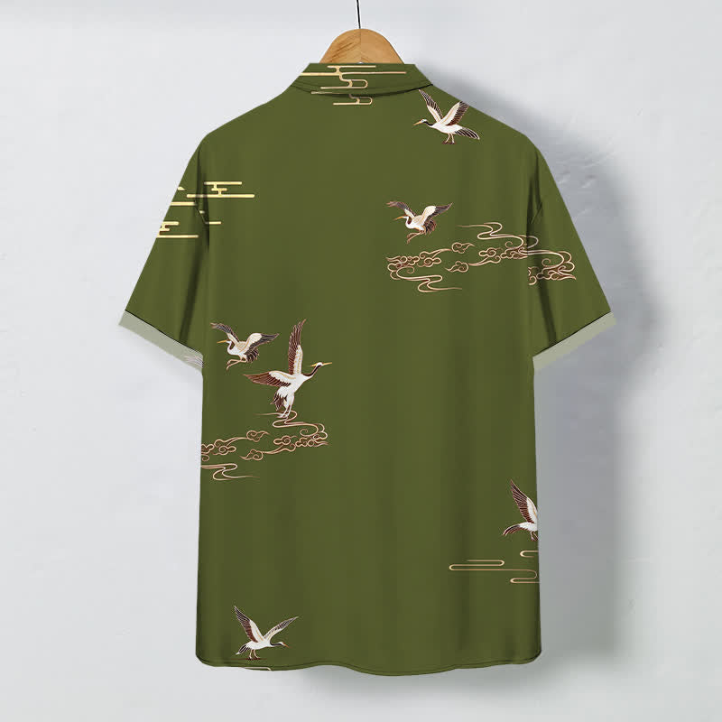 Buddha Stones Camisa de manga corta para hombre con botones y estampado de nubes y grullas rojas, resistente a las arrugas. - image 8