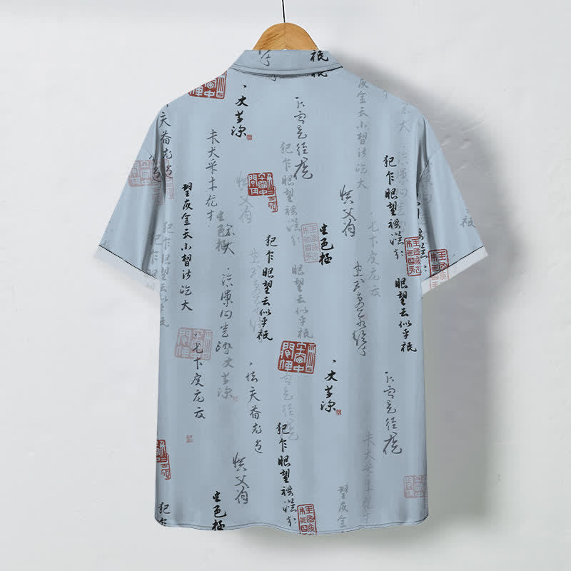 Buddha Stones Camisa transpirable de manga corta para hombre con botones y estampado de sello rojo y caligrafía china - image 1