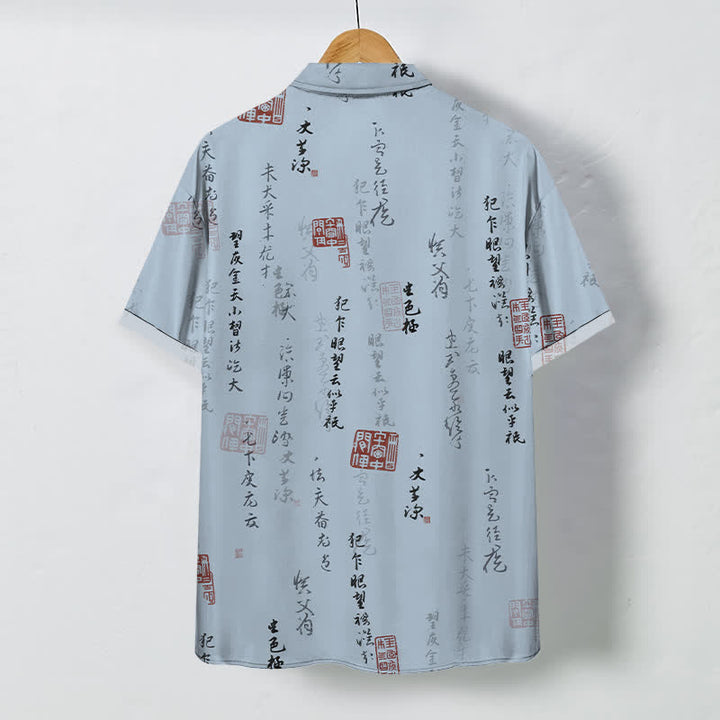 Buddha Stones Camisa transpirable de manga corta para hombre con botones y estampado de sello rojo y caligrafía china - image 1