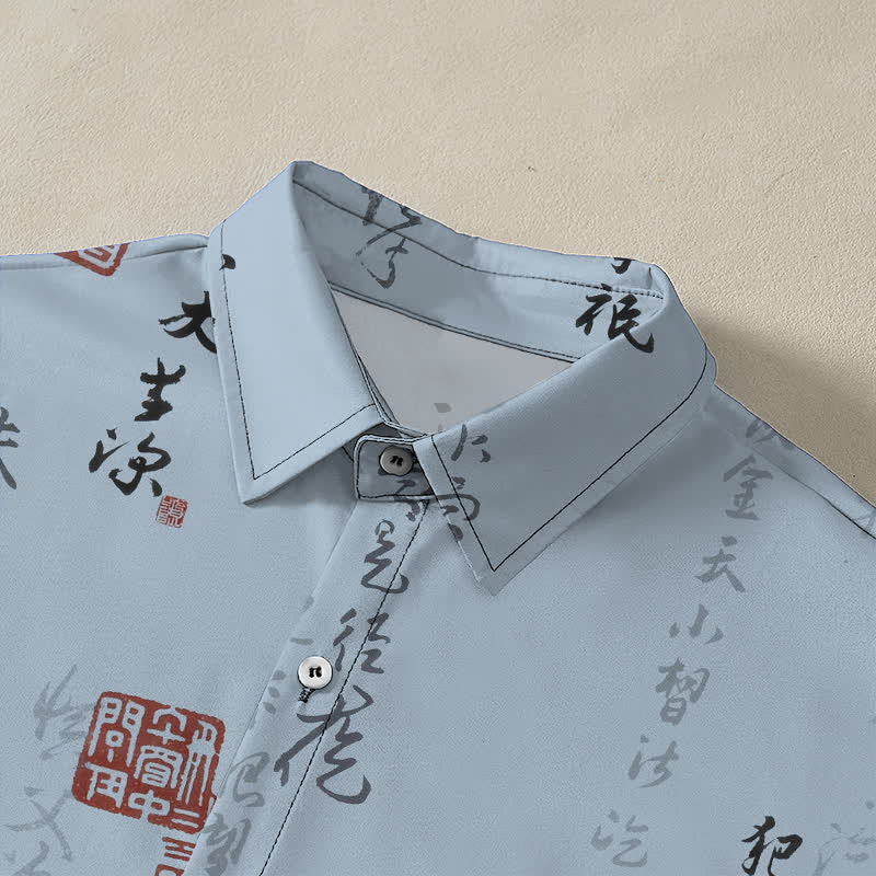 Buddha Stones Camisa transpirable de manga corta para hombre con botones y estampado de sello rojo y caligrafía china - image 2