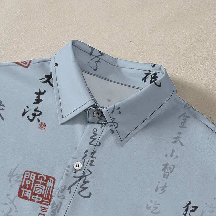 Buddha Stones Camisa transpirable de manga corta para hombre con botones y estampado de sello rojo y caligrafía china - image 2