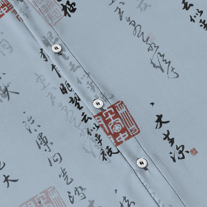 Buddha Stones Camisa transpirable de manga corta para hombre con botones y estampado de sello rojo y caligrafía china - image 3