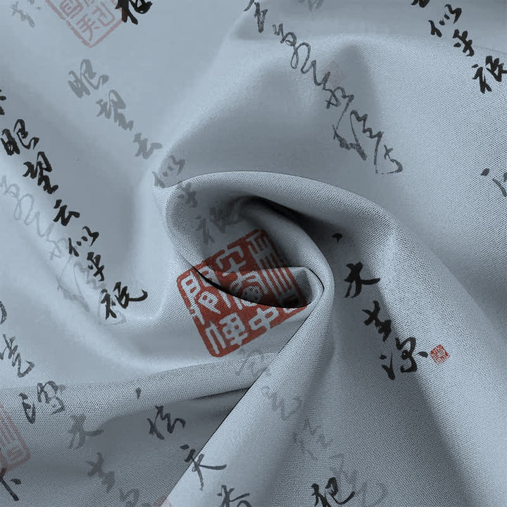 Buddha Stones Camisa transpirable de manga corta para hombre con botones y estampado de sello rojo y caligrafía china - image 4