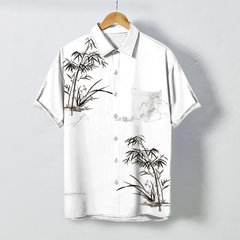 Buddha Stones Camisa de manga corta transpirable para hombre con botones y estampado de paisaje de bambú tinta - Blanco - US/UK/AU48, UE58 (4XL) - image 0