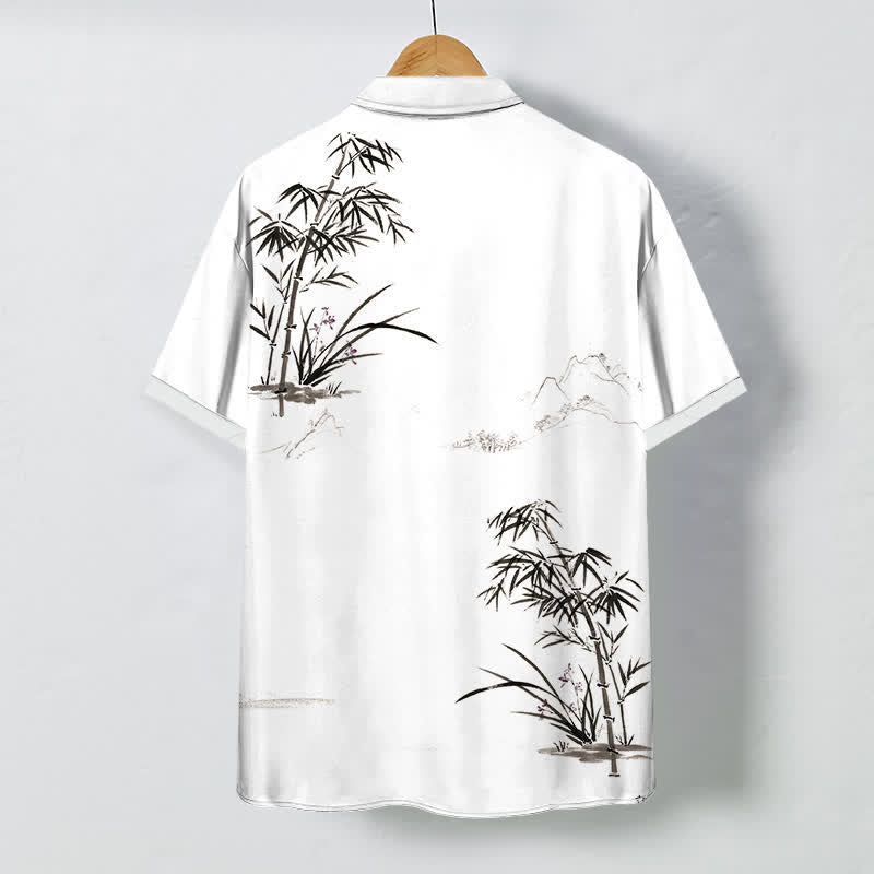 Buddha Stones Camisa de manga corta transpirable para hombre con botones y estampado de paisaje de bambú tinta - image 1