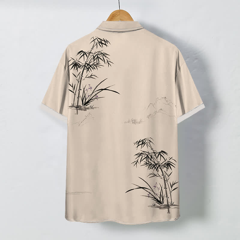 Buddha Stones Camisa de manga corta transpirable para hombre con botones y estampado de paisaje de bambú tinta - image 6