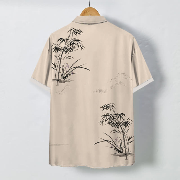 Buddha Stones Camisa de manga corta transpirable para hombre con botones y estampado de paisaje de bambú tinta - image 6
