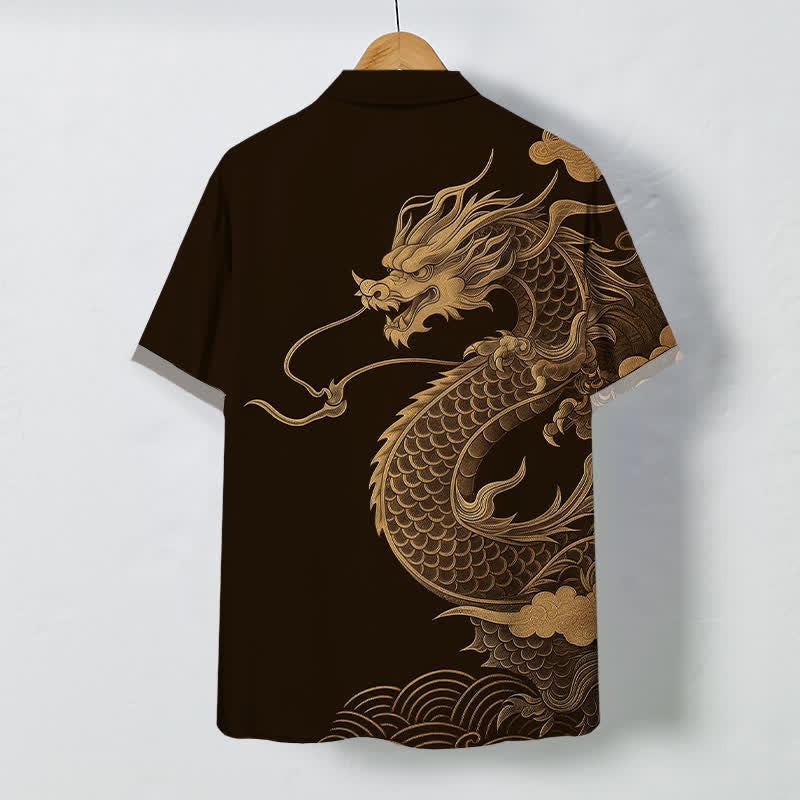Buddha Stones Camisa transpirable de manga corta para hombre con botones y estampado de dragón oriental dorado - image 1