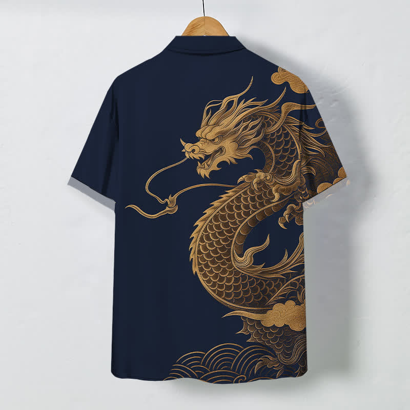 Buddha Stones Camisa transpirable de manga corta para hombre con botones y estampado de dragón oriental dorado - image 8