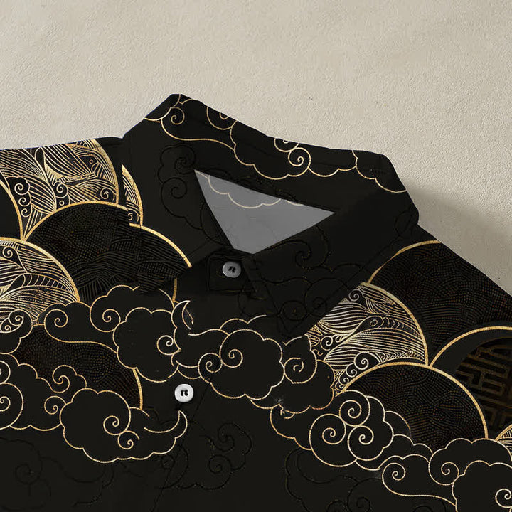 Buddha Stones Camisa transpirable de manga corta para hombre con botones y estampado de nubes doradas y olas lunares. - image 2