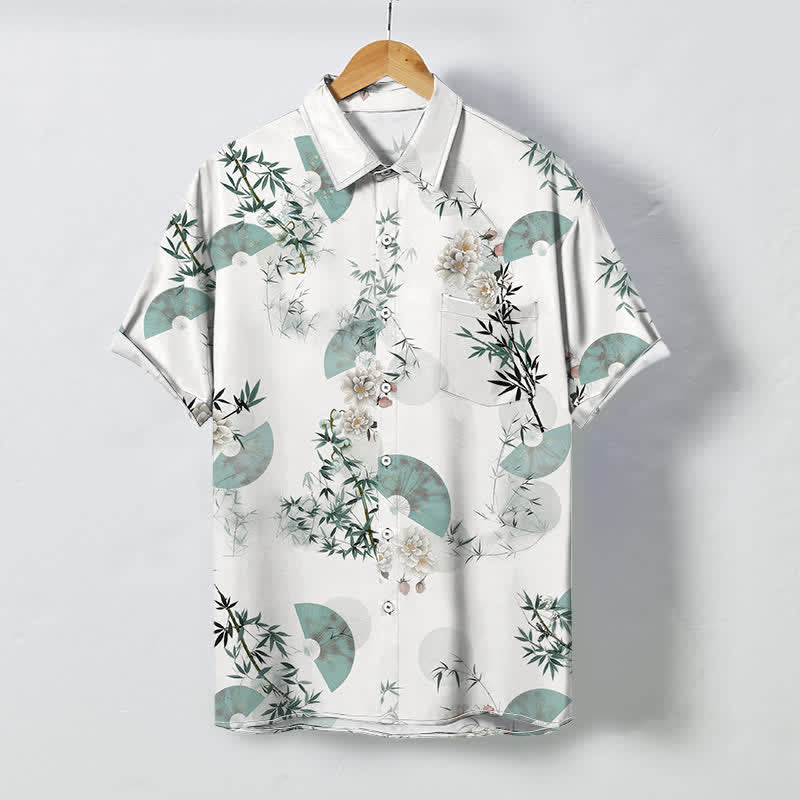 Buddha Stones Camisa de manga corta transpirable para hombre con botones y estampado de flores de bambú de Mint Fan - Blanco - US/UK/AU48, UE58 (4XL) - image 0